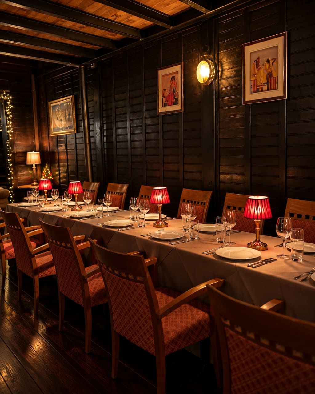 Cena placé allestita lungo la parete in legno della Sala Jazz